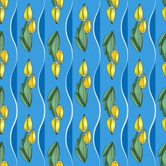 Seamless floral print of vertical borders separated by wavy lines, blue background. Pattern of yellow tulip flower buds, green leaves. Ideal for any your bold design or advertising project