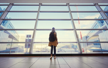 Traveling concept. Young woman in casual wear standing in international airport terminal waiting for boarding.