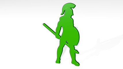 spartan soldier made by 3D illustration of a shiny metallic sculpture with the shadow on light background. helmet and warrior