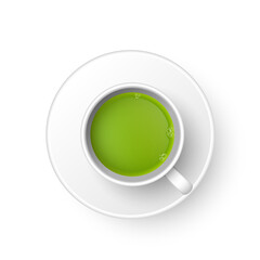 Realistic 3d cup of hot aromatic green Japanese tea matcha. A teacup top view isolated on white background. Vector illustration for web, design, menu, app