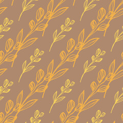 Hand drawn floral design in beige and orange colours. Seamless pattern with diagonal lines.