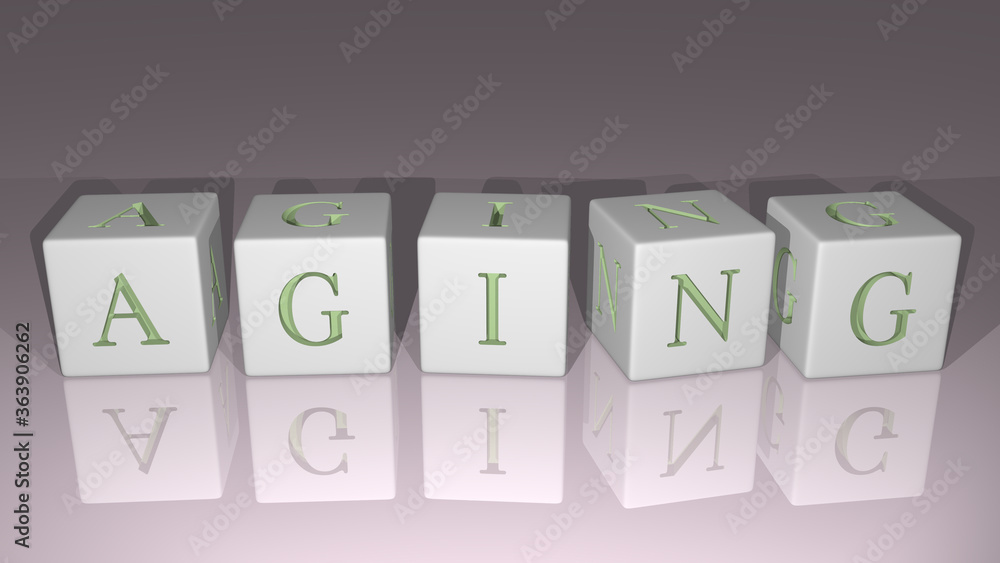 Aufkleber alphabetic aging arranged by cubic letters on a mirror floor, concept meaning and presentation in 3d