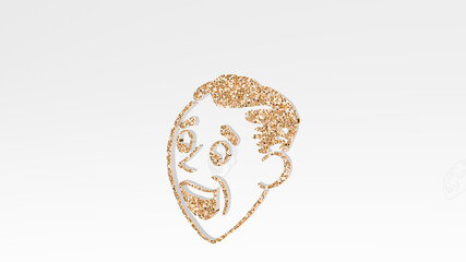 comic portrait of man from a perspective on the wall. A thick sculpture made of metallic materials of 3D rendering. illustration and cartoon