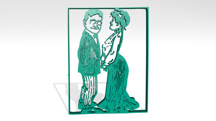 classic man and woman from a perspective with the shadow. A thick sculpture made of metallic materials of 3D rendering. background and illustration