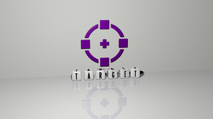 3D representation of target with icon on the wall and text arranged by metallic cubic letters on a mirror floor for concept meaning and slideshow presentation. illustration and business