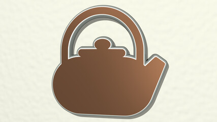 KETTLE made by 3D illustration of a shiny metallic sculpture on a wall with light background. tea and coffee