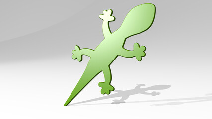 lizard stand with shadow. 3D illustration of metallic sculpture over a white background with mild texture. animal and green