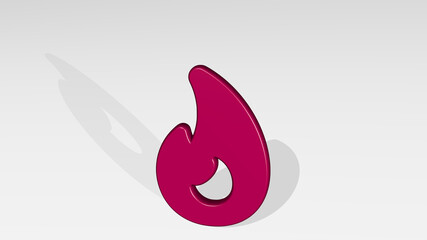 trends hot flame from a perspective with the shadow. A thick sculpture made of metallic materials of 3D rendering. background and illustration