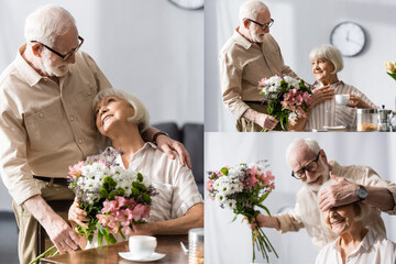 Collage of senior man giving floral bouquet to smiling wife during breakfast in kitchen