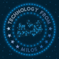 Technology From Milos. Futuristic geometric badge of the island. Technological concept. Round Milos logo. Vector illustration.