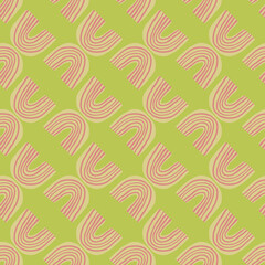 Geometric rainbow shapes seamless pattern on green background. Abstract elements endless wallpaper.