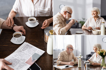 Collage of senior couple drinking coffee and eating cereals near newspaper and smartphone on table