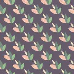 Leaves ornament seamless pattern in green and pink colors. Purple background. Scandinavian style.