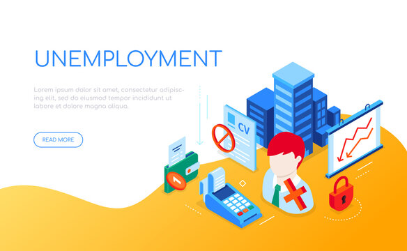 Unemployment and crisis - modern colorful isometric web banner