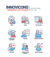 Life stages of a woman - line design style icons set