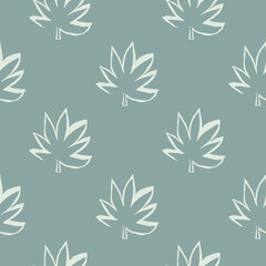Fototapeta premium Seamless pattern with outline white cannabis leaves on pastel blue background. Marijuana outline silhouette backdrop.