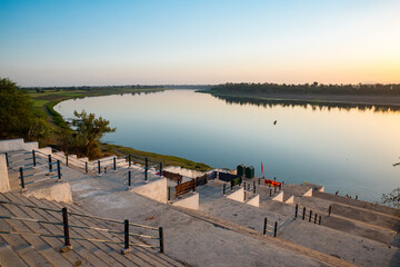 Scenic view of holy river Narmada at Hathnora Ghat, Madhya Pradesh, India.