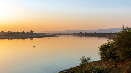 Scenic view of holy river Narmada at Hathnora Ghat, Madhya Pradesh, India.