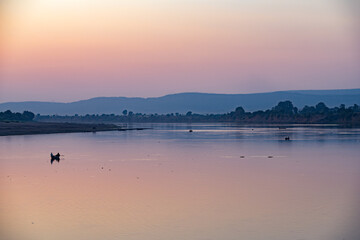 Scenic view of holy river Narmada at Hathnora Ghat, Madhya Pradesh, India.