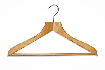 Wooden clothes hanger with metallic hook isolated on white background