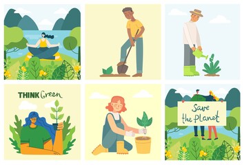 Set of eco save environment pictures. People taking care of planet collage. Zero waste, think green, save the planet, our home hand written text in the flat design