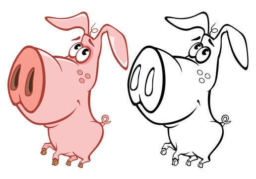 Vector Illustration of a Cute Cartoon Character Pig for you Design and Computer Game. Coloring Book Outline Set
