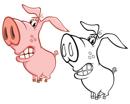 Vector Illustration of a Cute Cartoon Character Pig for you Design and Computer Game. Coloring Book Outline Set