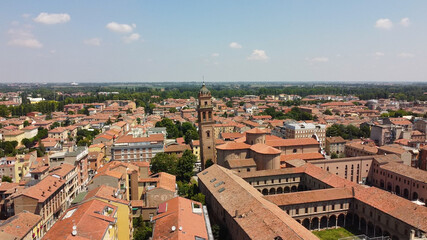 Fototapeta na wymiar The aerial view of the downtown of the city Ferrara in Italy