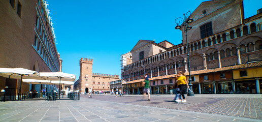 The view of the Ferrara Cathedral and the Palazzo Municipale in the Piazza Trento Trieste of the city of Ferrara in Italy Europe