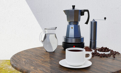 Black coffee in a white mug. Moka pot on portable electric stove Coffee bean grinder. The wooden table on the lawn has a white plaster wall in the background. 3D Rendering