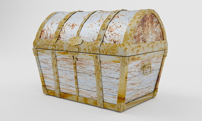 Rusty old treasure box or wooden treasure chest. Isolated on white background and wallpaper. 3D Render.
