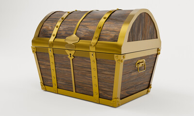 Ancient treasure chest is made of gold wood and metal plates with golden pins. Treasure chest with keyhole. Materials from Plank and gold metal. Background and white wallpaper. 3D Rendering