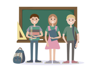 Three students standing in the school, against the background of a board. holding books and a backpack. Vector illustration of an animated character