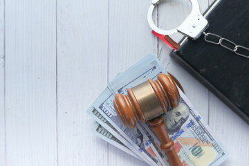 Gavel . hash and handcuff on table with copy space 
