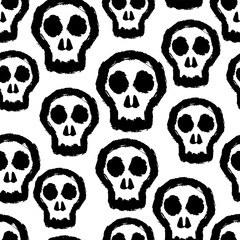 Black skulls with hand drawn brush isolated on white background. Cute monochrome seamless pattern. Vector flat graphic illustration. Texture.