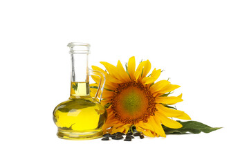 Sunflower, seeds and oil isolated on white background