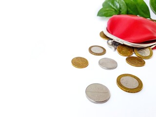 Scattered Belarusian coins from a red leather purse on a white background.
