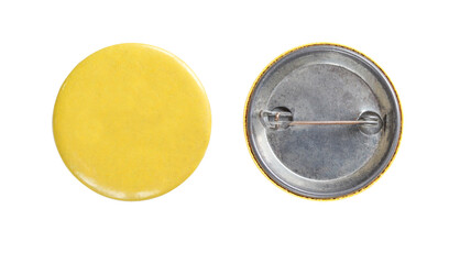 Yellow badge isolated on white. Pin button two sides