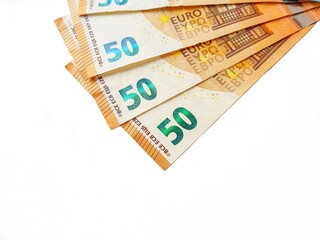 Euro banknotes on a white background. Paper money.