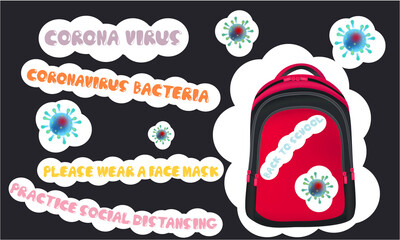 Coronavirus sticker. Collection of stickers for school with text, coronavirus bacteria, school bag, schoolboy, schoolgirl