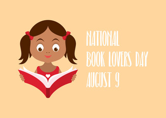 National Book Lovers Day vector. Cute little girl reader vector. African american girl reading a book vector. Sweet baby girl with book cartoon character. Book Lovers Day Poster, August 9