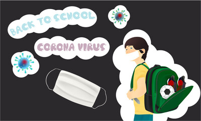 Coronavirus sticker. Collection of stickers for school with text, coronavirus bacteria, school bag, schoolboy, schoolgirl