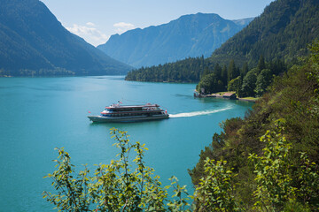 excursion with the passenger liner at lake achensee austria, summer landscape