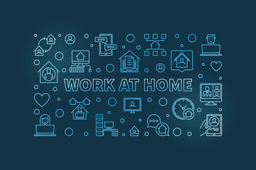 Vector Work At Home concept outline blue horizontal illustration or banner on dark background