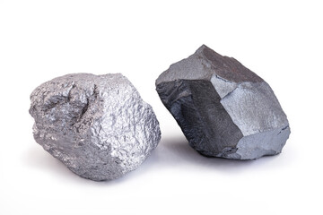 iron ore and silver stone isolated on white background, export ore used in worldwide industry
