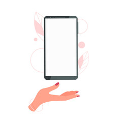 Female hand holds a mobile phone. Concept: presentation of a new model, device, application. Vector illustration, flat color cartoon design, isolated on white background, eps 10.