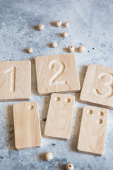 Wooden counting and writing trays - learning resource for educating littles on number writing, fine motor skills, hand eye coordination, mathematical skills. Wooden kids toys. Counting game