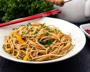 vegetarian noodle with bell pepper food background