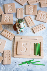 Wooden counting and writing trays - learning resource for educating littles on number writing, fine motor skills, hand eye coordination, mathematical skills. Wooden kids toys. Counting game