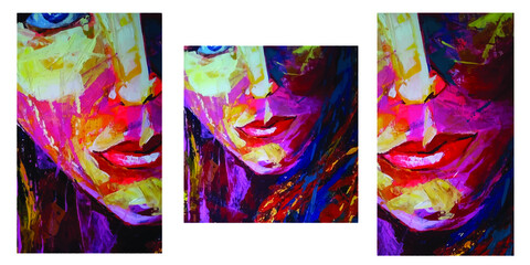 Vector set of parts of a female face. Abstract multicolored portrait of acrylic paint.